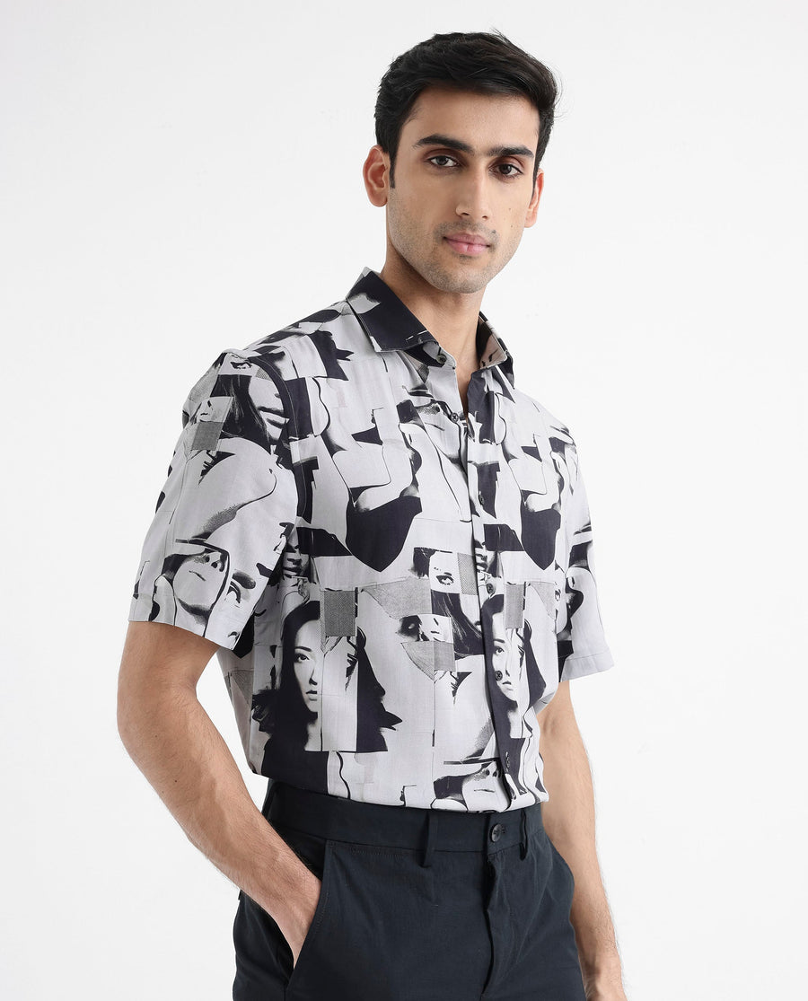 Rare Rabbit Men's Duval Ss Grey Viscose Abstract Print Boxy Fit Half Sleeve Collared Shirt