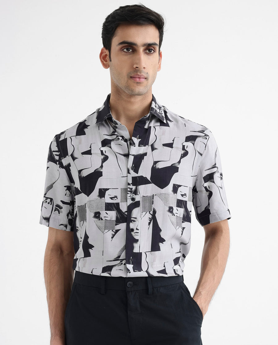 Rare Rabbit Men's Duval Ss Grey Viscose Abstract Print Boxy Fit Half Sleeve Collared Shirt