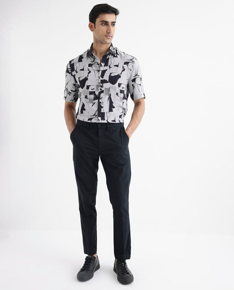Rare Rabbit Men's Duval Ss Grey Viscose Abstract Print Boxy Fit Half Sleeve Collared Shirt