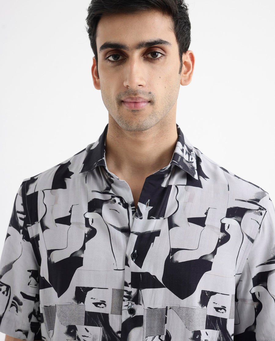 Rare Rabbit Men's Duval Ss Grey Viscose Abstract Print Boxy Fit Half Sleeve Collared Shirt