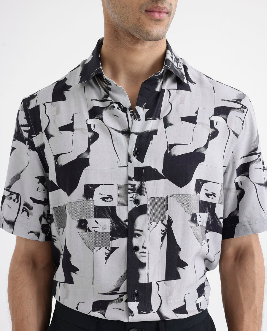 Rare Rabbit Men's Duval Ss Grey Viscose Abstract Print Boxy Fit Half Sleeve Collared Shirt