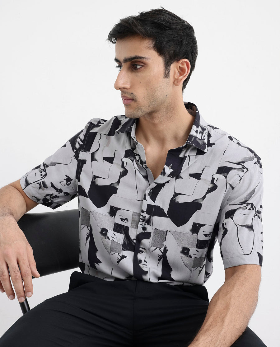 Rare Rabbit Men's Duval Ss Grey Viscose Abstract Print Boxy Fit Half Sleeve Collared Shirt