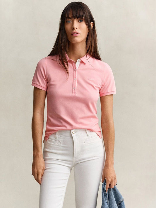 Gant Women Pink Solid Slim Fit Pique Polo T-Shirt