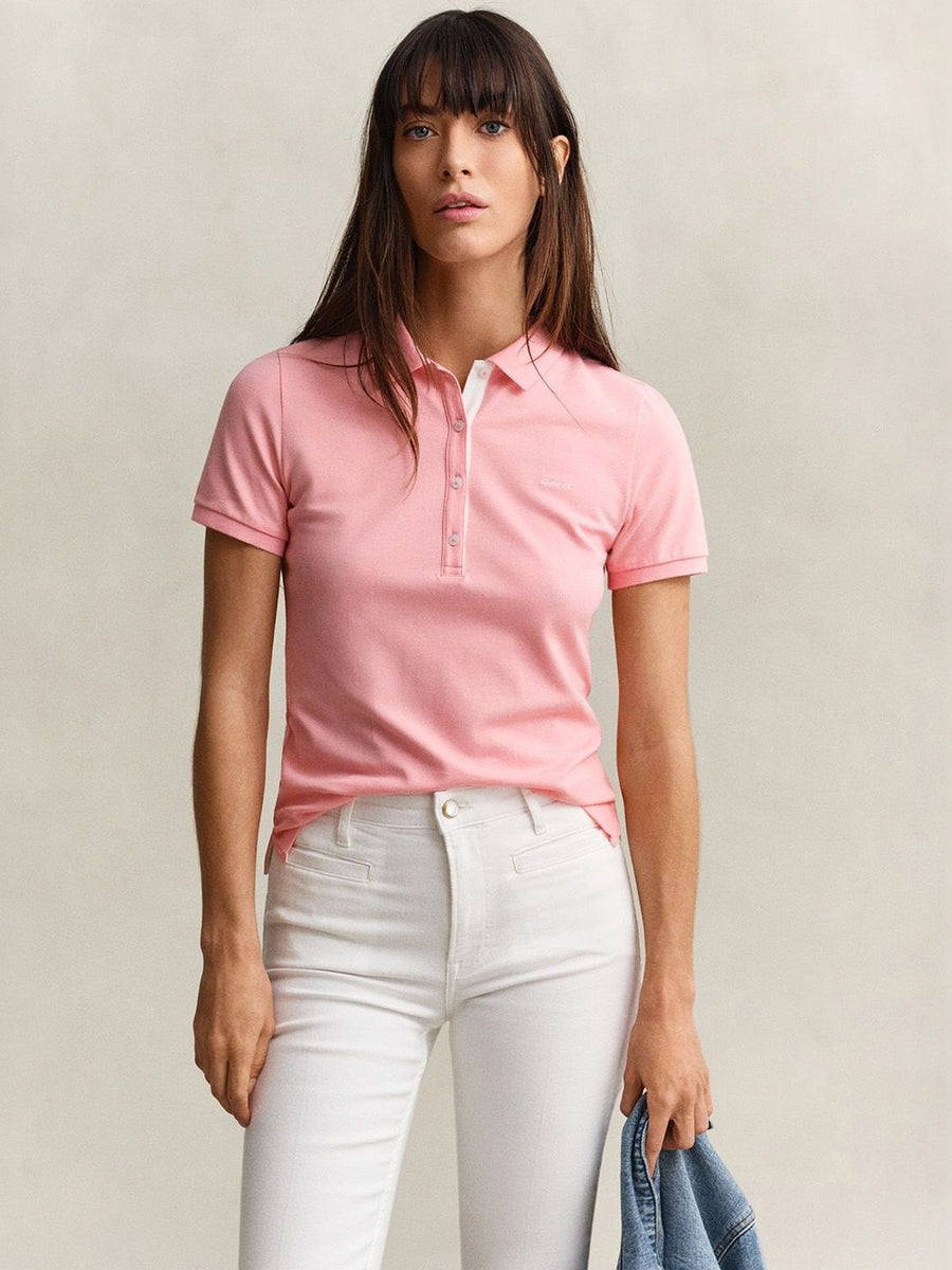 Gant Women Pink Solid Slim Fit Pique Polo T-Shirt