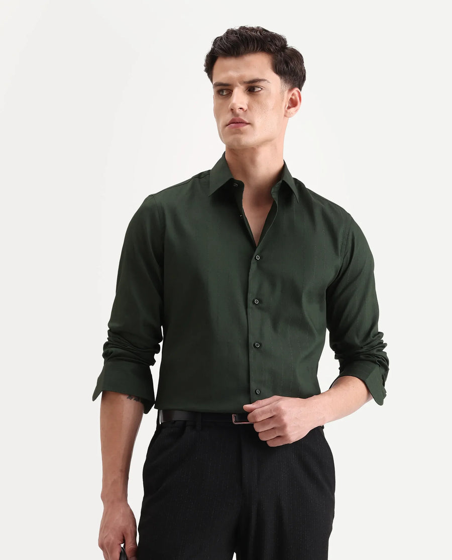 Rare Rabbit Men's Dyke Dark Green Cotton Blend Fabric Spread Collar Regular Fit Striped Shirt