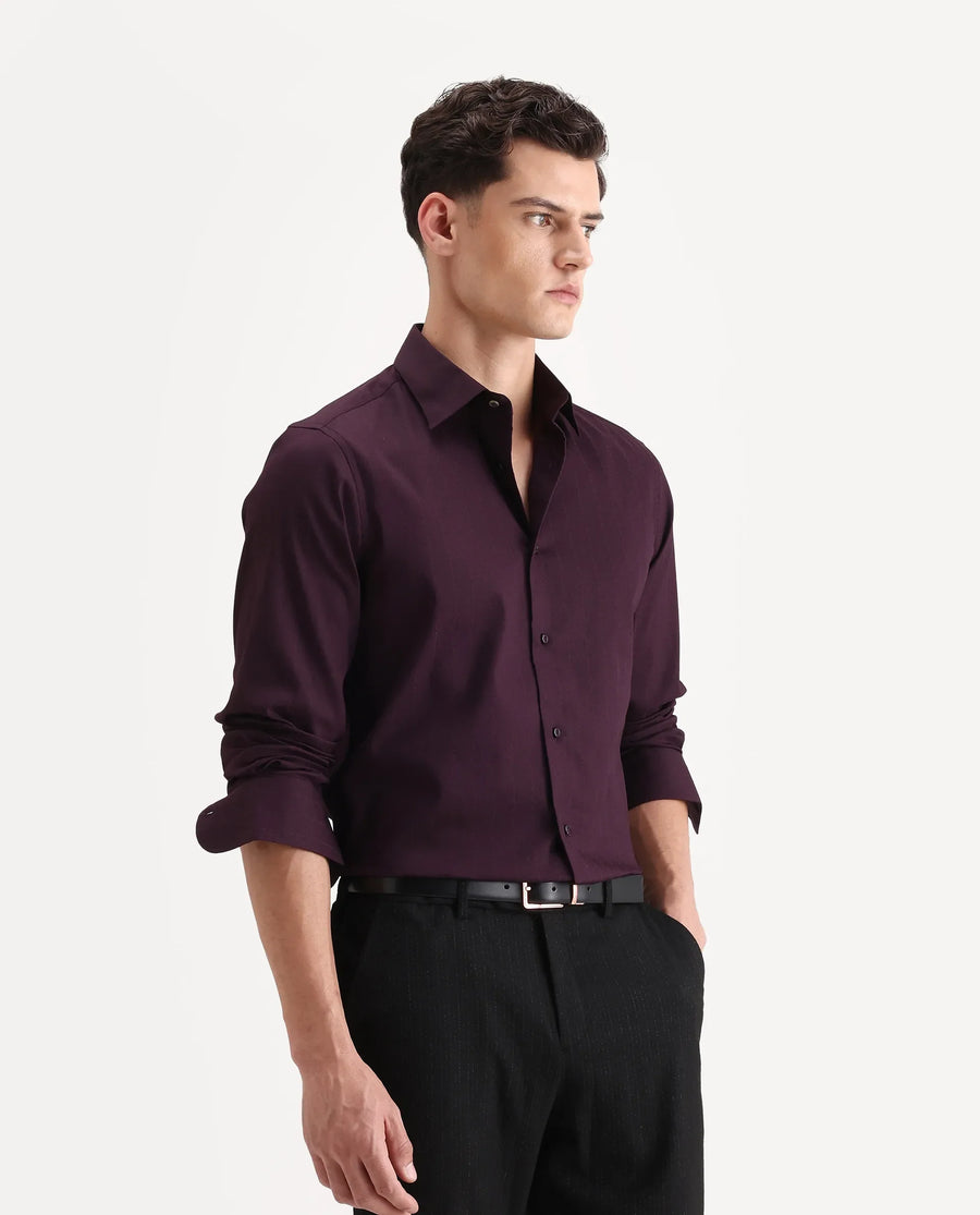 Rare Rabbit Men's Dyke Dark Purple Cotton Blend Fabric Spread Collar Regular Fit Striped Shirt