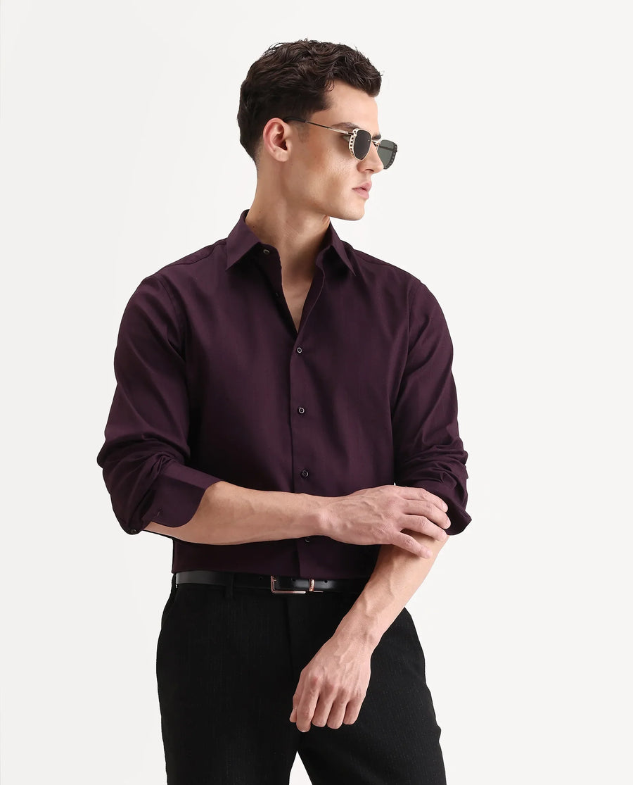 Rare Rabbit Men's Dyke Dark Purple Cotton Blend Fabric Spread Collar Regular Fit Striped Shirt