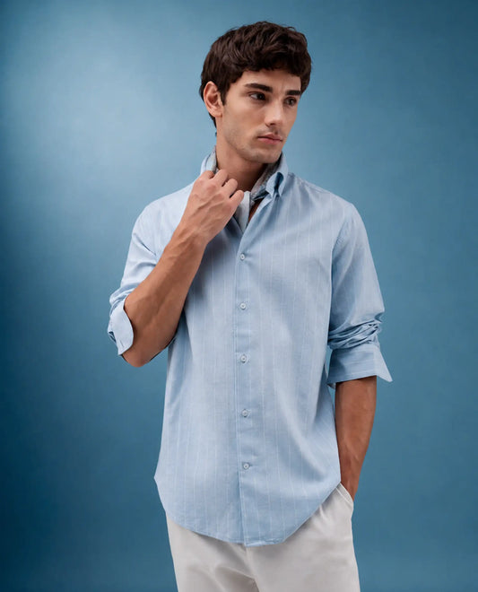 Rare Rabbit Men's Dalti Light Blue Linen Blend Fabric Full Sleeve Spread Collar Button Regular Fit Striped Shirt