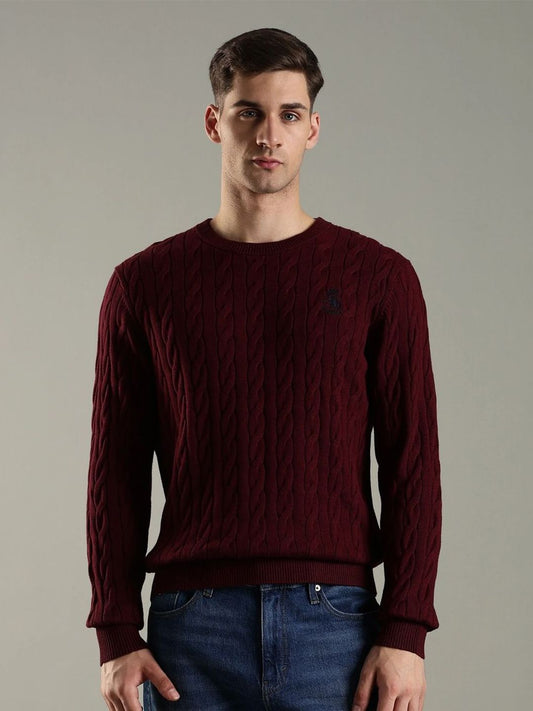 Tommy Hilfiger Self Design Cable Knit Round Neck Cotton Pullover Sweater