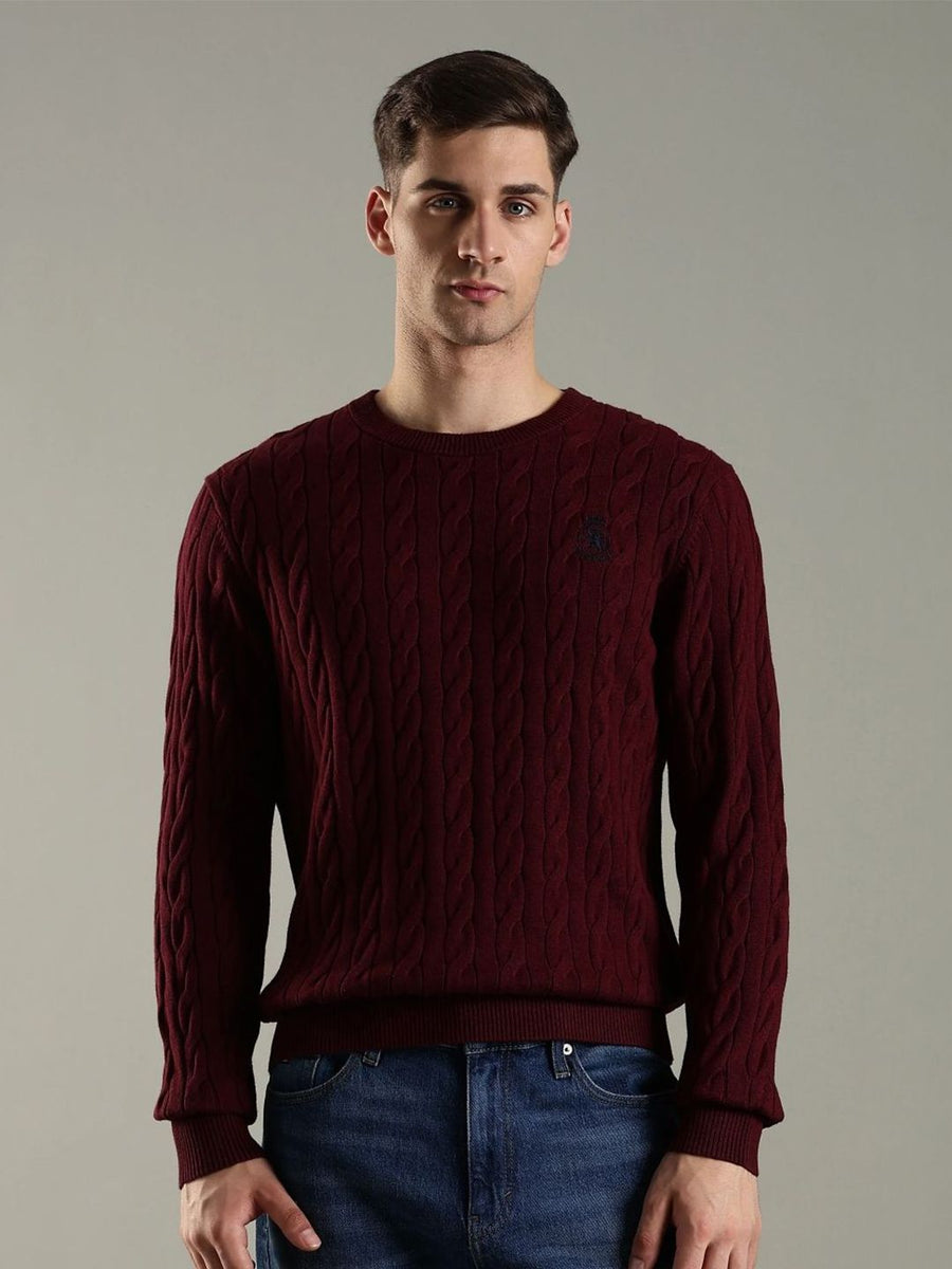 Tommy Hilfiger Self Design Cable Knit Round Neck Cotton Pullover Sweater