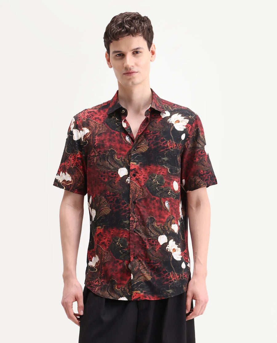 Rare Rabbit Men's Doni Black Viscose Fabric Full Sleeve Spread Collar Regular Floral Print Shirt