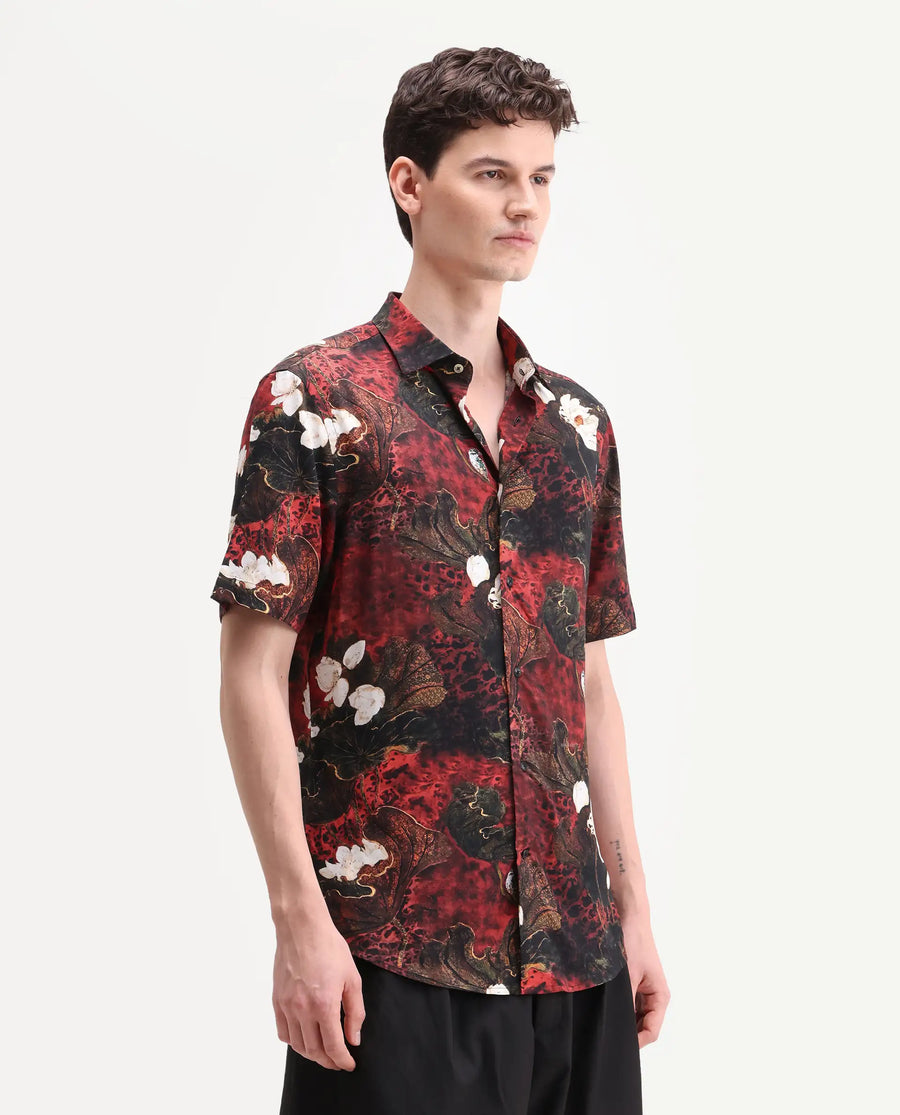 Rare Rabbit Men's Doni Black Viscose Fabric Full Sleeve Spread Collar Regular Floral Print Shirt