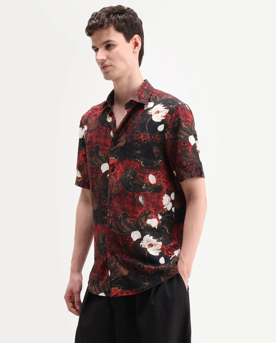 Rare Rabbit Men's Doni Black Viscose Fabric Full Sleeve Spread Collar Regular Floral Print Shirt