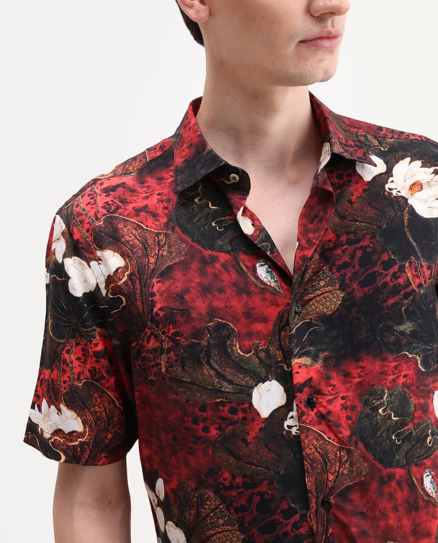 Rare Rabbit Men's Doni Black Viscose Fabric Full Sleeve Spread Collar Regular Floral Print Shirt