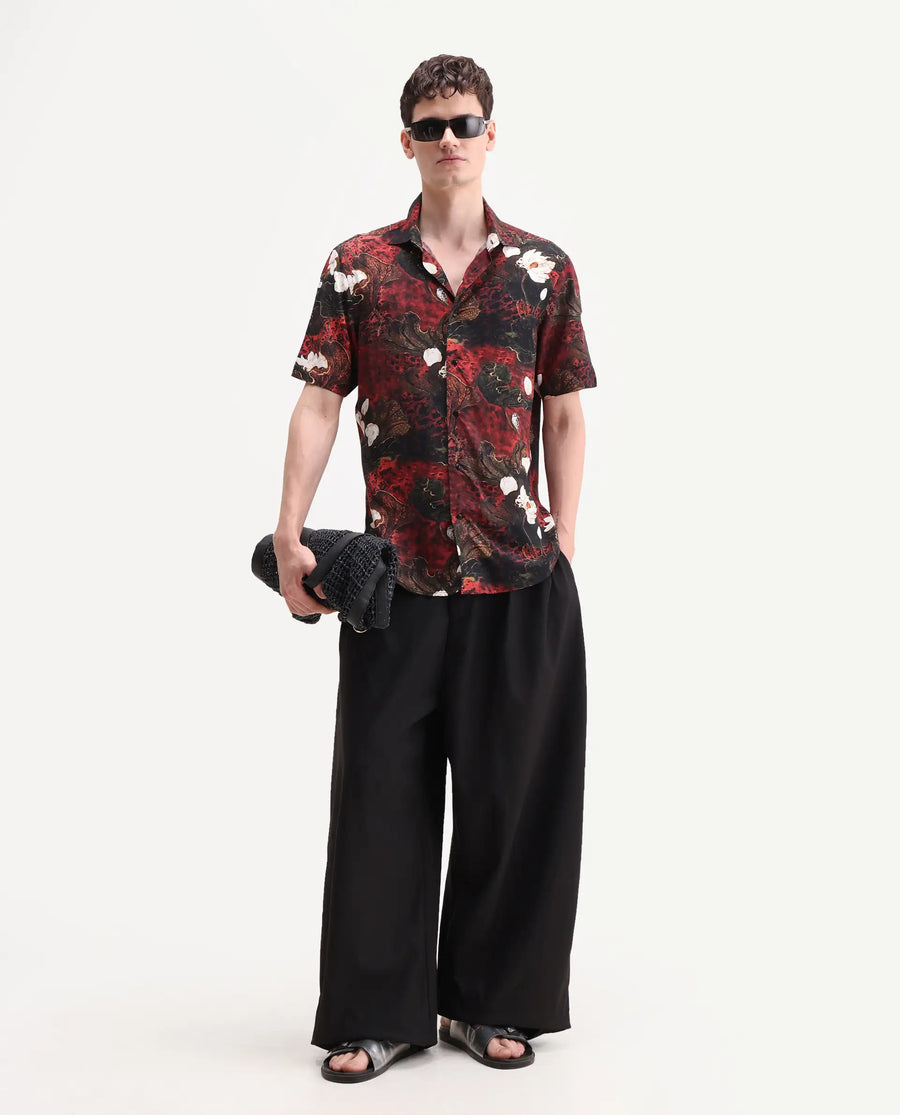 Rare Rabbit Men's Doni Black Viscose Fabric Full Sleeve Spread Collar Regular Floral Print Shirt
