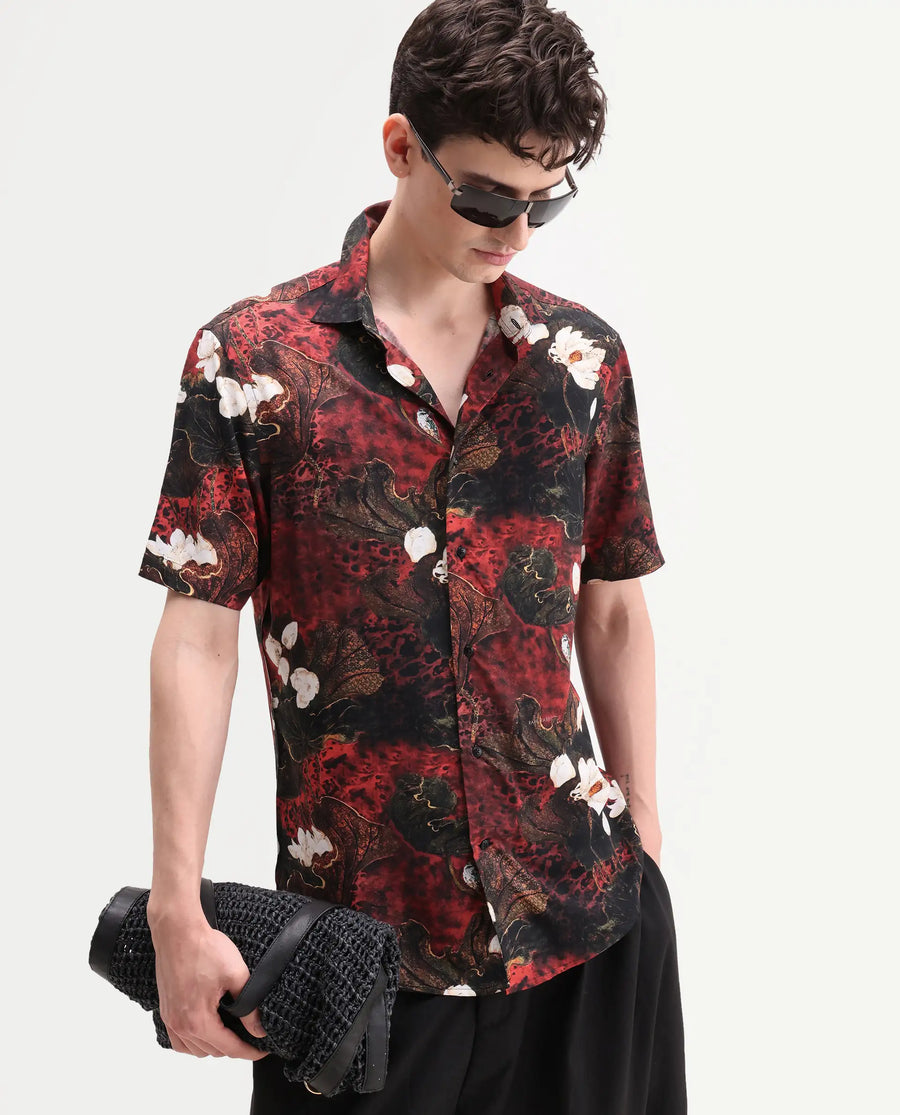 Rare Rabbit Men's Doni Black Viscose Fabric Full Sleeve Spread Collar Regular Floral Print Shirt