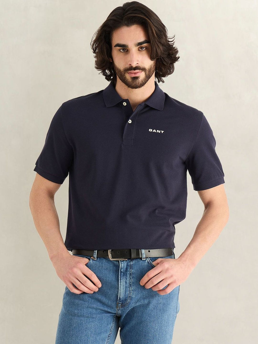 Gant Men Navy Blue Solid Regular Fit Pure Cotton Polo T-Shirt