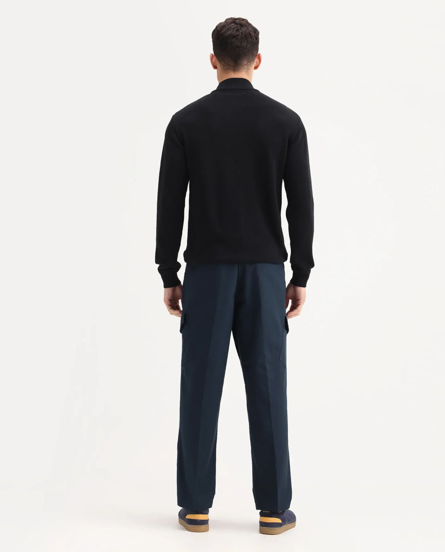 Rare Rabbit Men's Eber Navy Cotton Plain Regular Fit Trouser