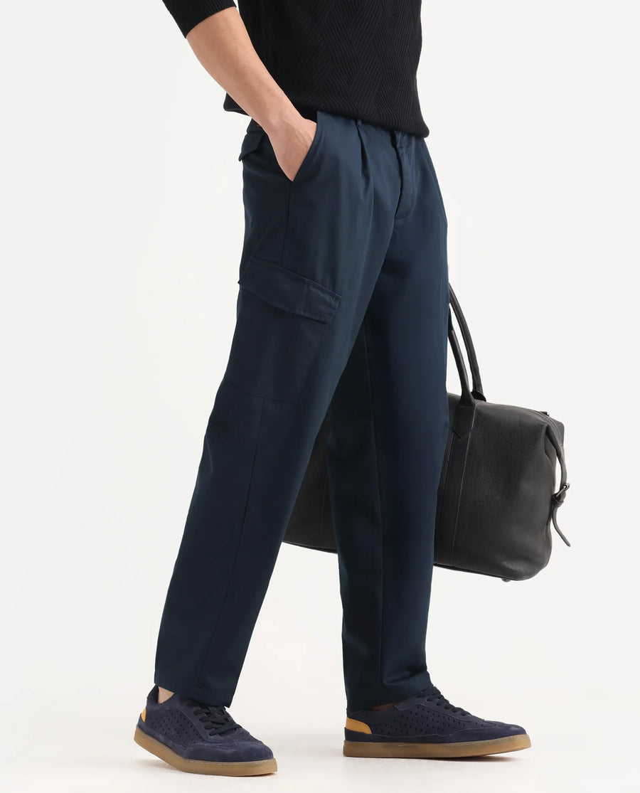 Rare Rabbit Men's Eber Navy Cotton Plain Regular Fit Trouser
