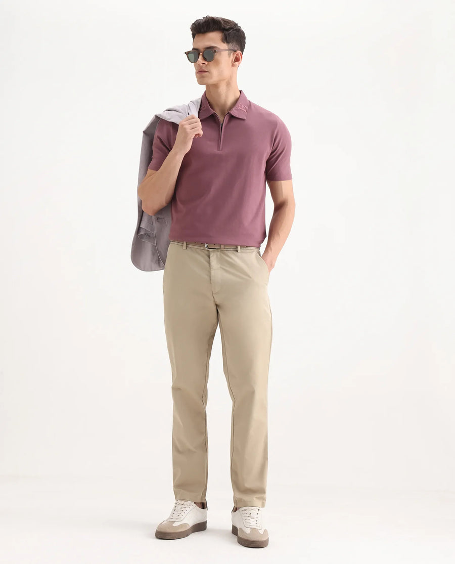 Rare Rabbit Men's Ebert Beige Cotton Plain Regular Fit Trouser