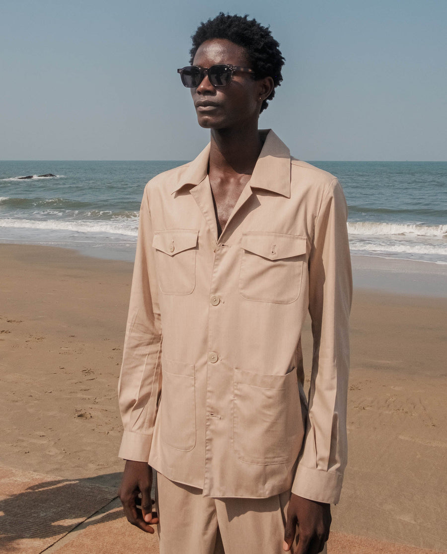 Rare Rabbit Men's Echos Beige Cotton Plain Relaxed Fit Full Sleeve Lapel Neck Jacket