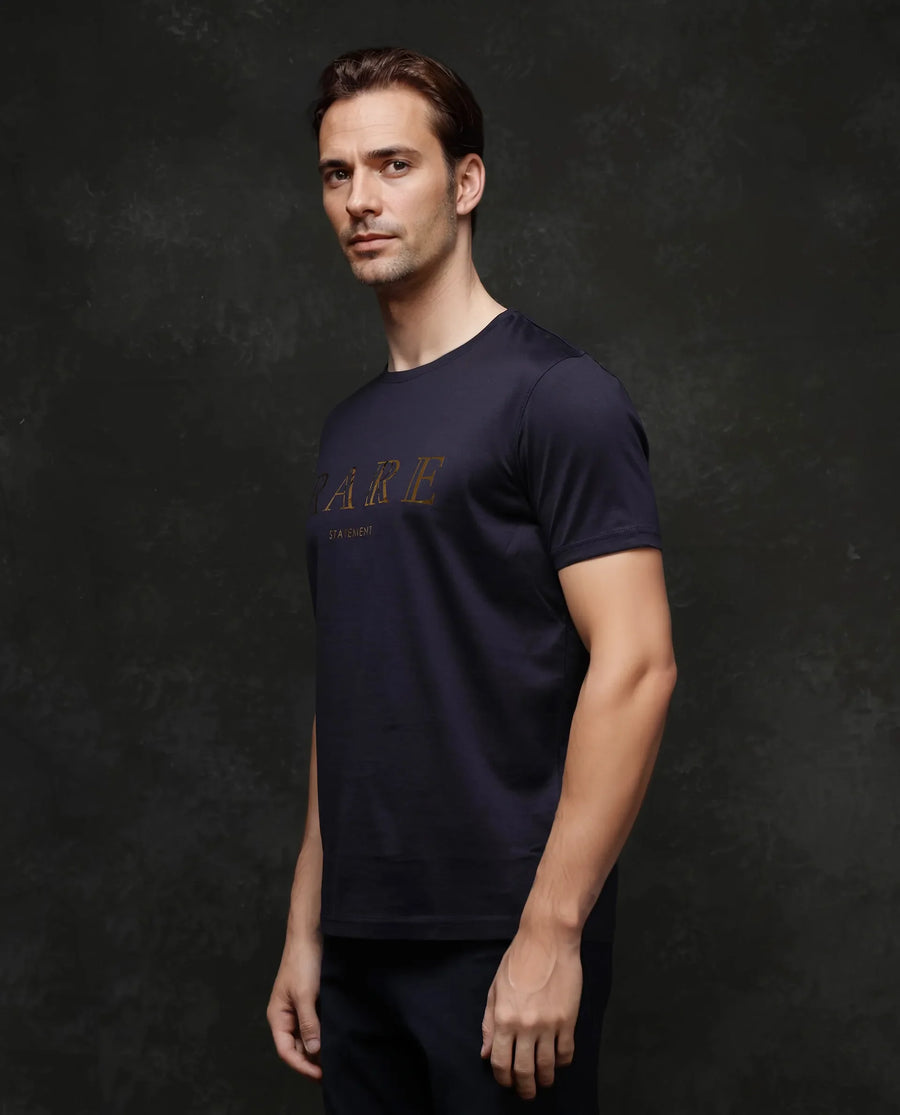 Rare Rabbit Men's Echon-1 Navy Cotton Graphic Print Regular Fit Half Sleeve Crew Neck T-Shirt