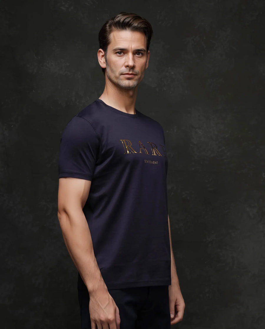 Rare Rabbit Men's Echon-1 Navy Cotton Graphic Print Regular Fit Half Sleeve Crew Neck T-Shirt