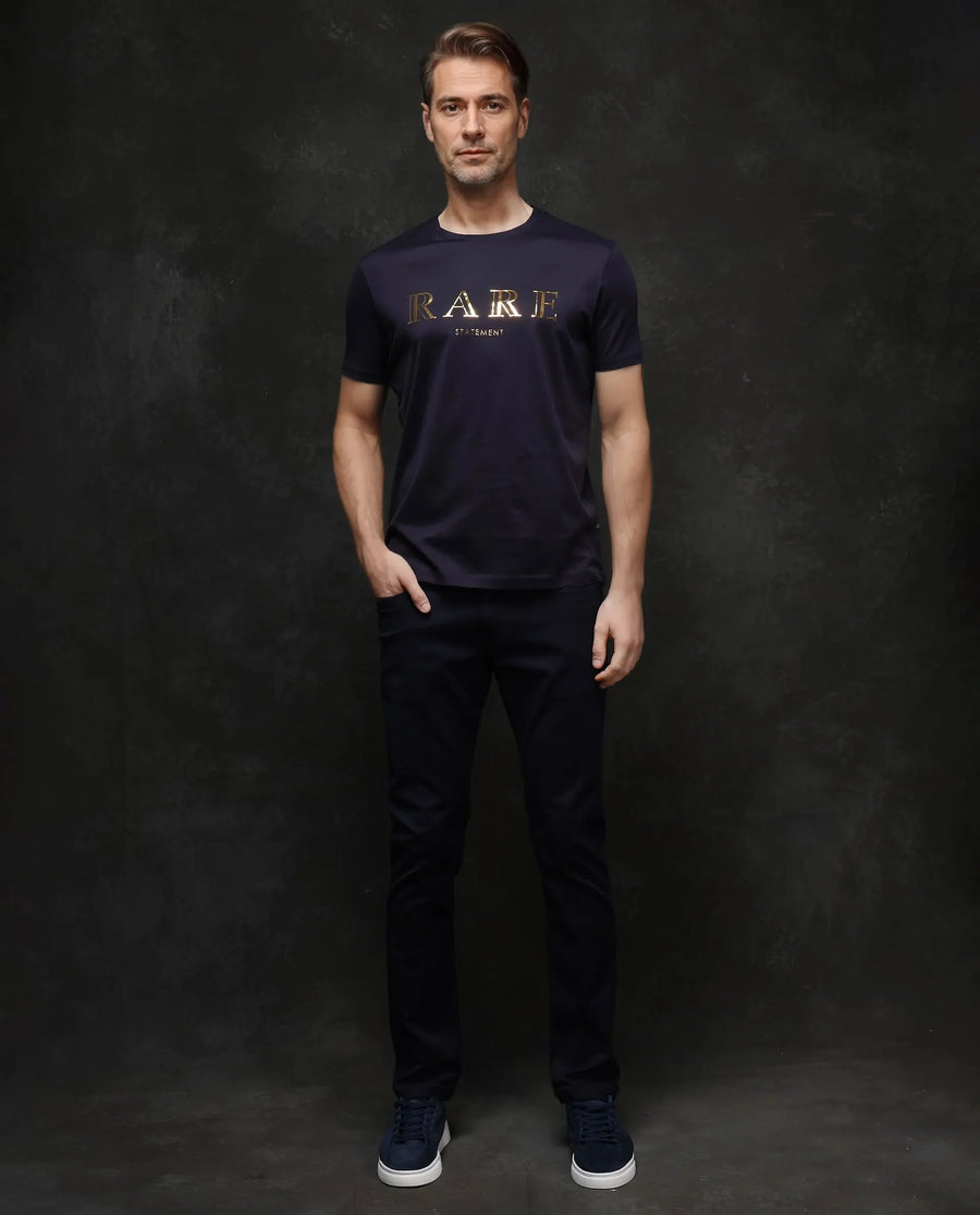 Rare Rabbit Men's Echon-1 Navy Cotton Graphic Print Regular Fit Half Sleeve Crew Neck T-Shirt