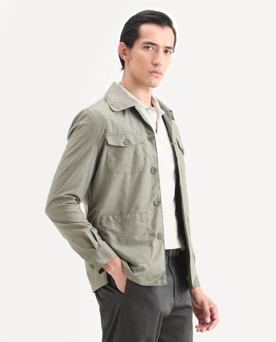 Rare Rabbit Men's Echos Light Olive Cotton Plain Relaxed Fit Full Sleeve Lapel Neck Jacket