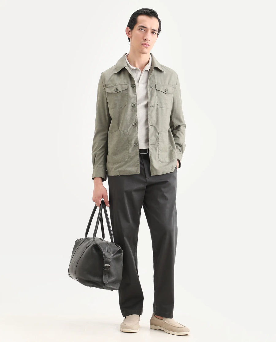 Rare Rabbit Men's Echos Light Olive Cotton Plain Relaxed Fit Full Sleeve Lapel Neck Jacket