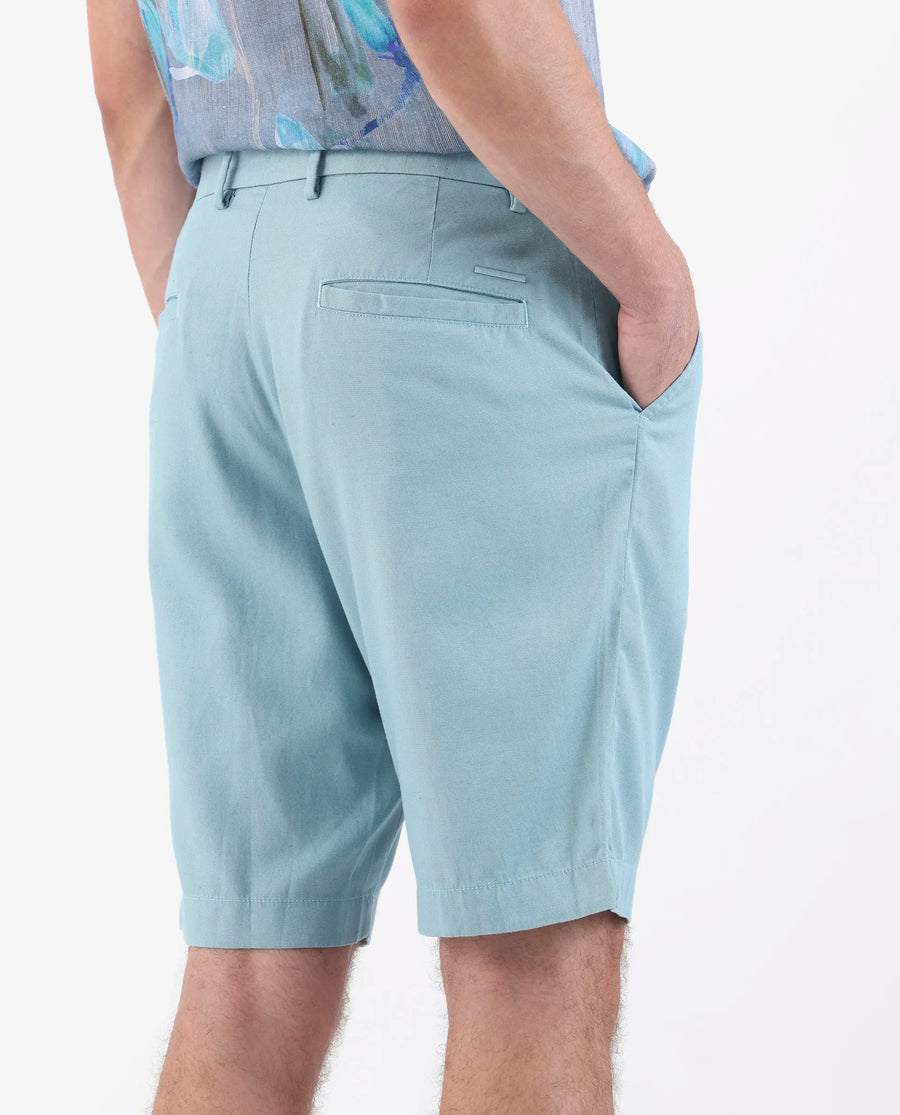 Rare Rabbit Men's Edam Turq Linen Blend Plain Relaxed Fit Shorts