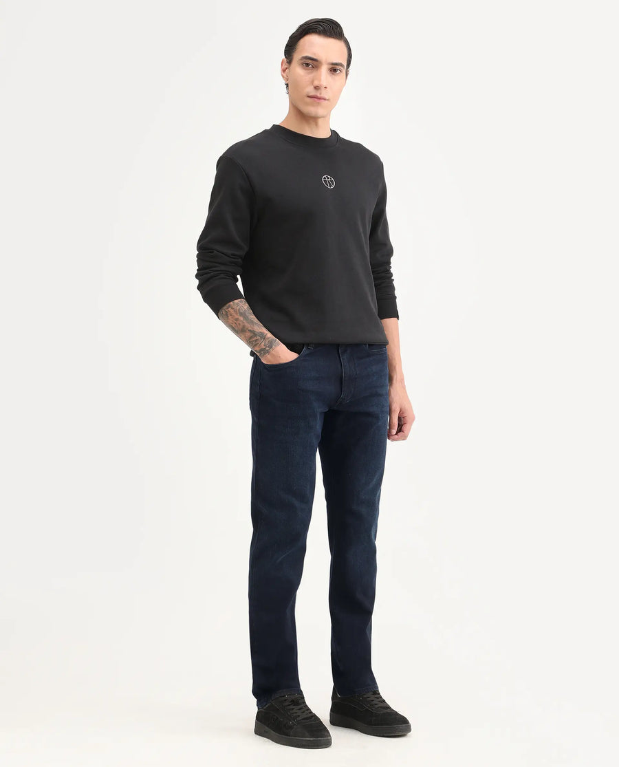 Rare Rabbit Men's Edge Dark Navy Cotton Blend Fabric Regular Fit Plain Jeans