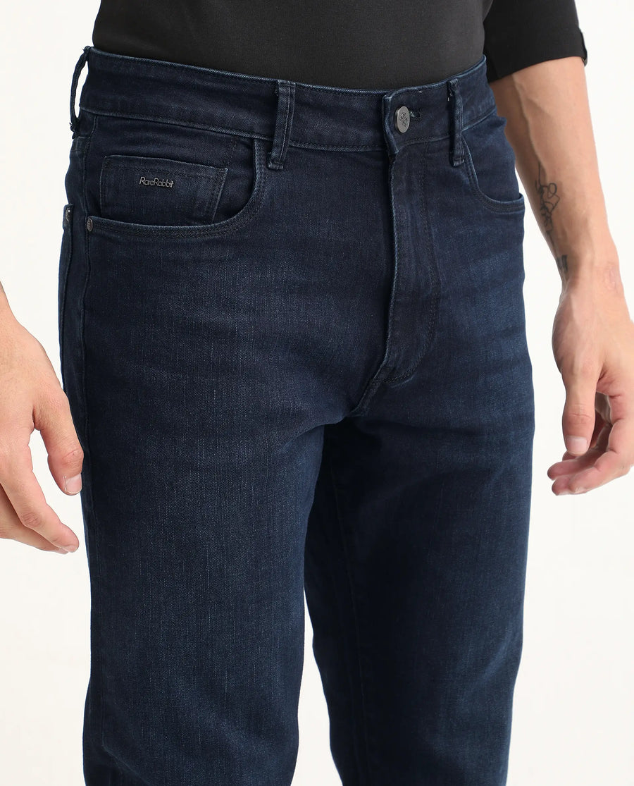 Rare Rabbit Men's Edge Dark Navy Cotton Blend Fabric Regular Fit Plain Jeans