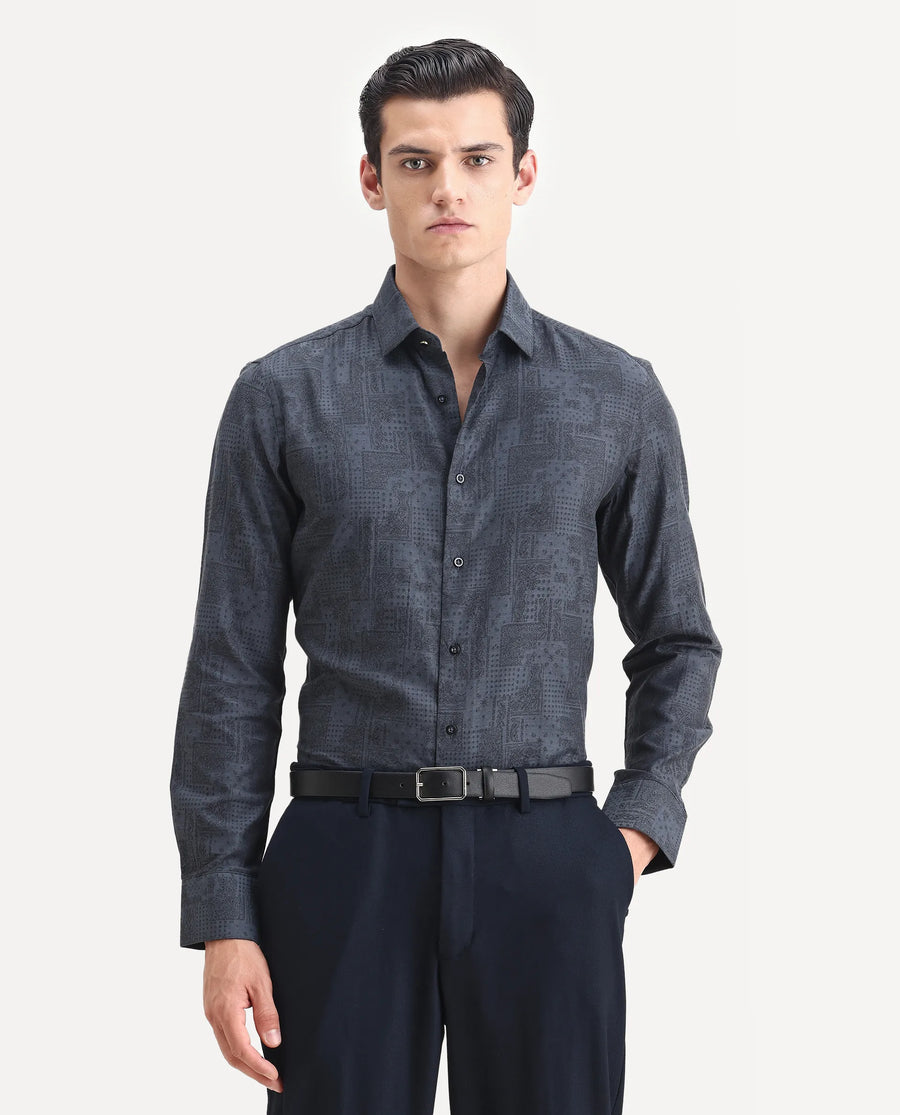 Rare Rabbit Men's Edgo Dusky Blue Cotton Jacquard Regular Fit Full Sleeve Collared Shirt