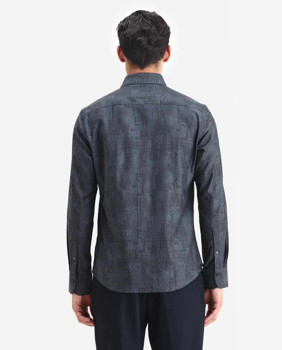 Rare Rabbit Men's Edgo Dusky Blue Cotton Jacquard Regular Fit Full Sleeve Collared Shirt