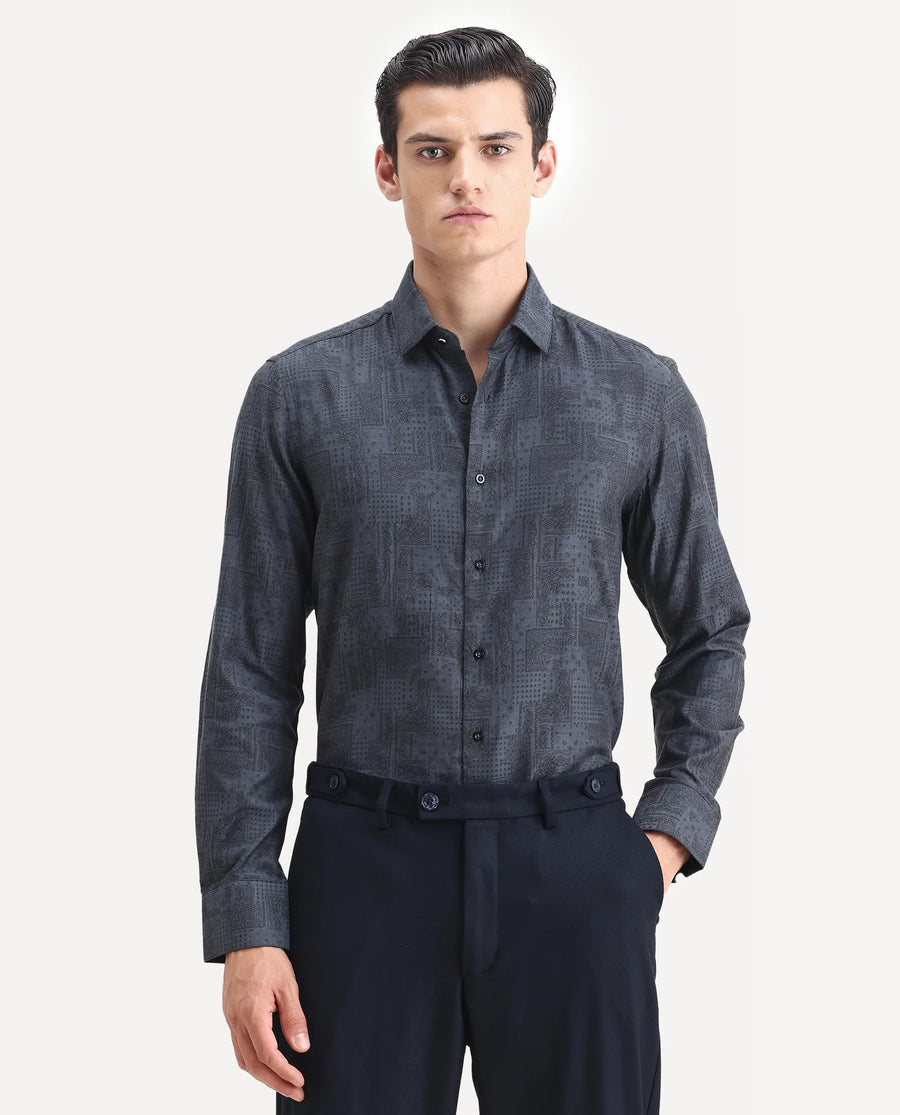 Rare Rabbit Men's Edgo Dusky Blue Cotton Jacquard Regular Fit Full Sleeve Collared Shirt