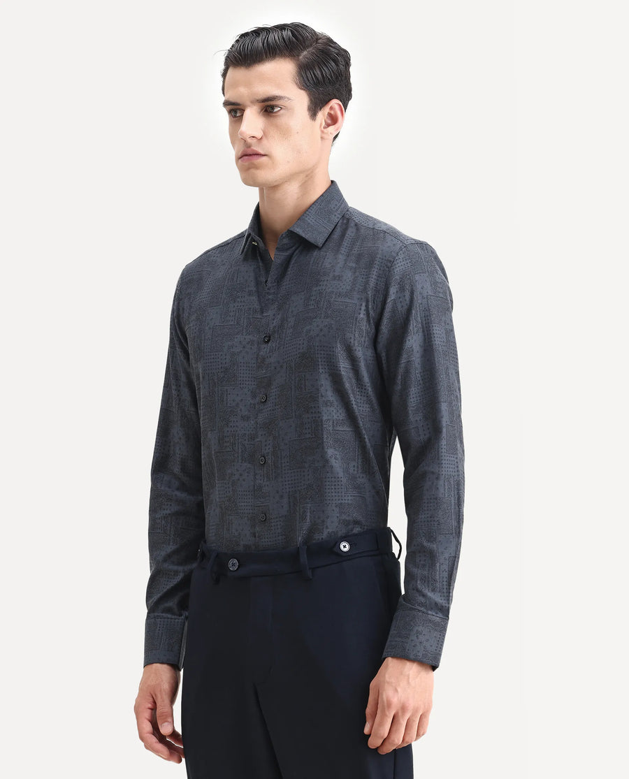 Rare Rabbit Men's Edgo Dusky Blue Cotton Jacquard Regular Fit Full Sleeve Collared Shirt