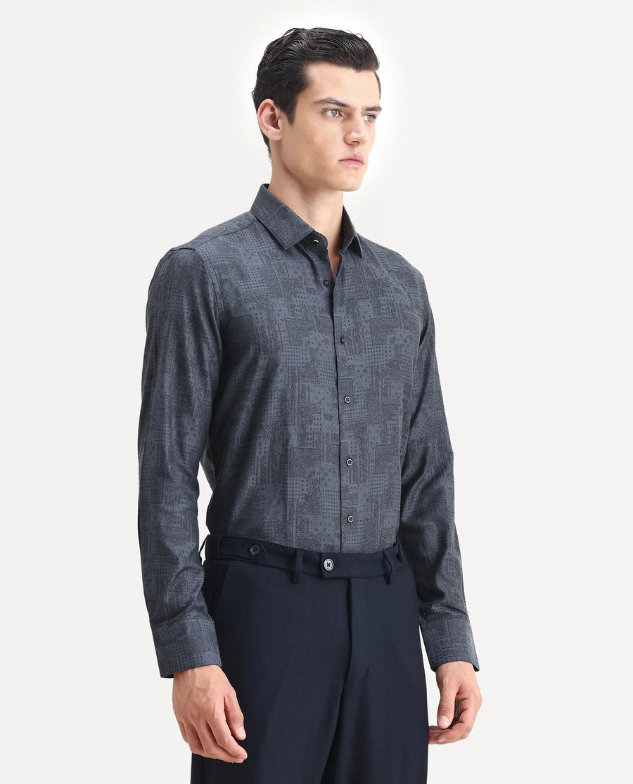 Rare Rabbit Men's Edgo Dusky Blue Cotton Jacquard Regular Fit Full Sleeve Collared Shirt