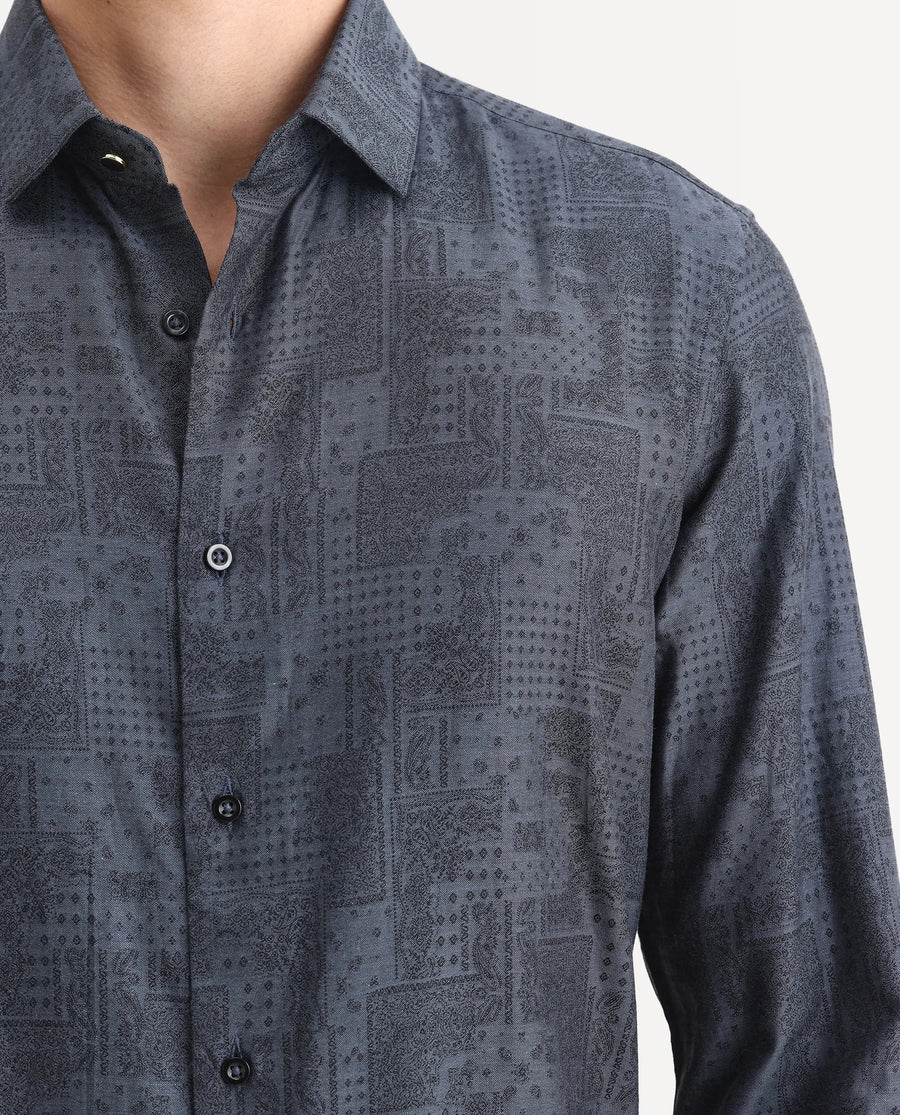 Rare Rabbit Men's Edgo Dusky Blue Cotton Jacquard Regular Fit Full Sleeve Collared Shirt