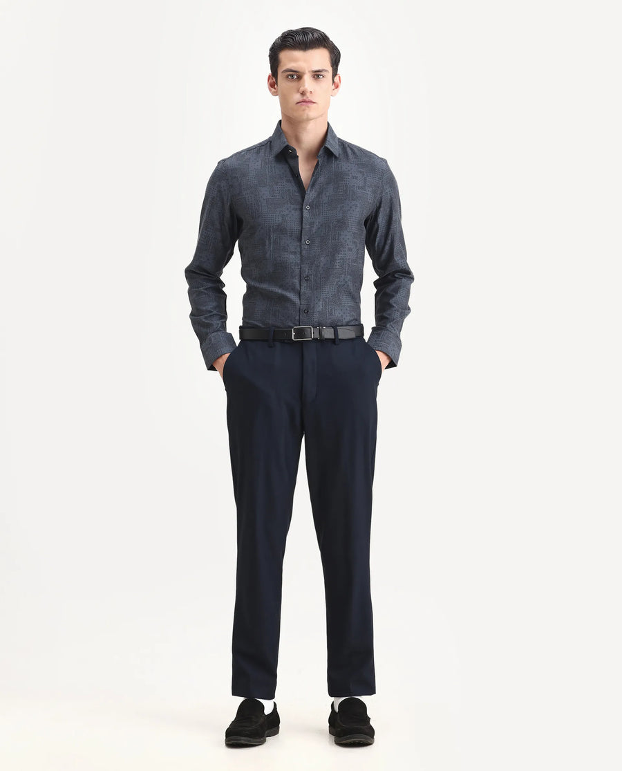 Rare Rabbit Men's Edgo Dusky Blue Cotton Jacquard Regular Fit Full Sleeve Collared Shirt