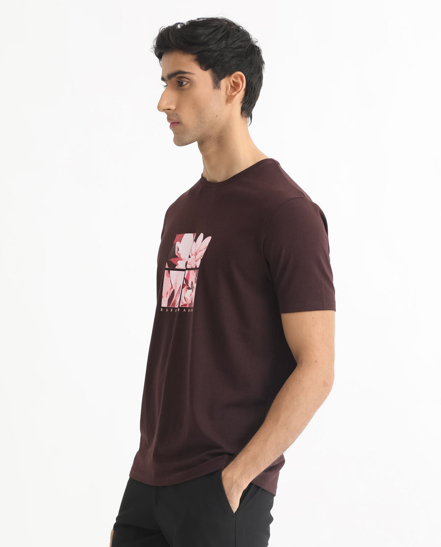 Rare Rabbit Men's Edis Maroon Cotton Graphic Print Slim Fit Half Sleeve Crew Neck T-Shirt