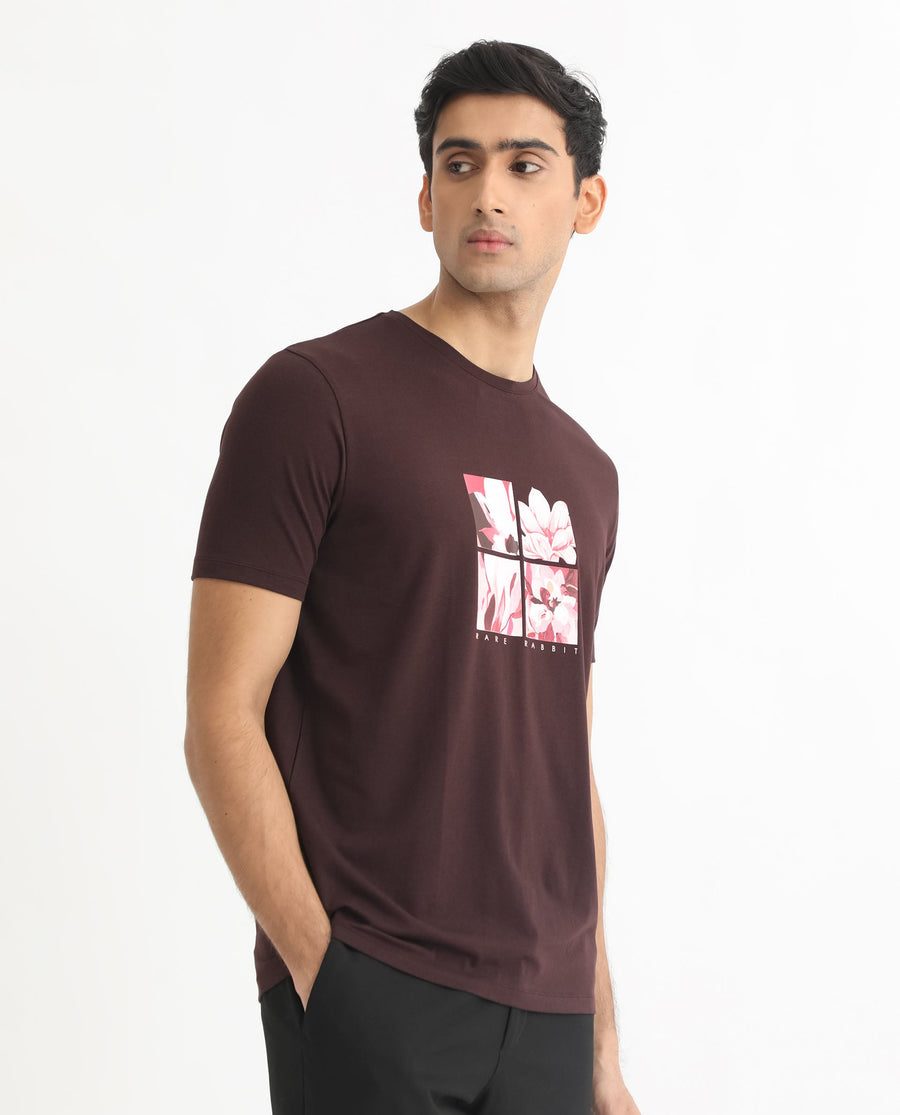 Rare Rabbit Men's Edis Maroon Cotton Graphic Print Slim Fit Half Sleeve Crew Neck T-Shirt