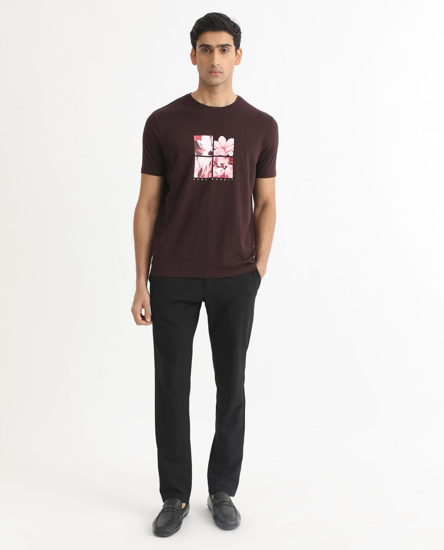 Rare Rabbit Men's Edis Maroon Cotton Graphic Print Slim Fit Half Sleeve Crew Neck T-Shirt