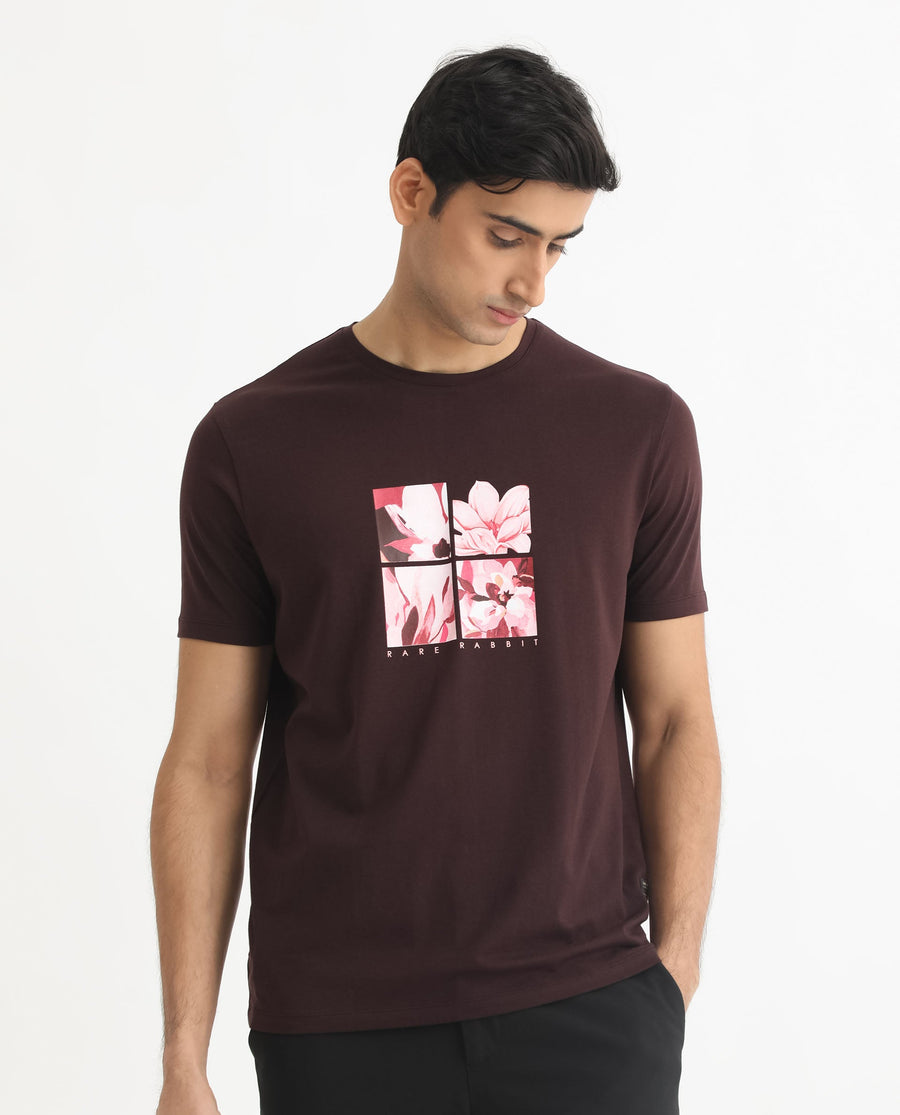 Rare Rabbit Men's Edis Maroon Cotton Graphic Print Slim Fit Half Sleeve Crew Neck T-Shirt