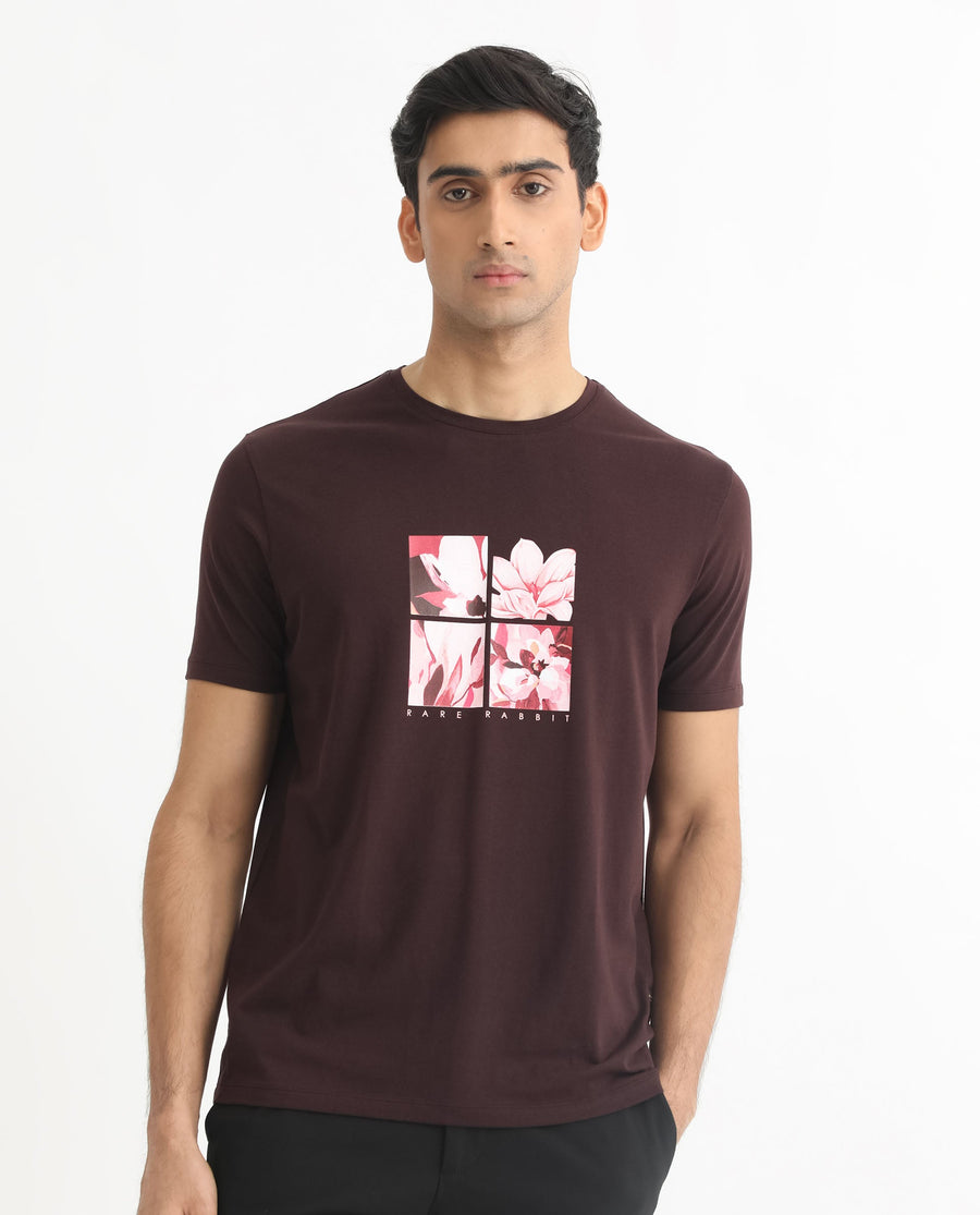 Rare Rabbit Men's Edis Maroon Cotton Graphic Print Slim Fit Half Sleeve Crew Neck T-Shirt