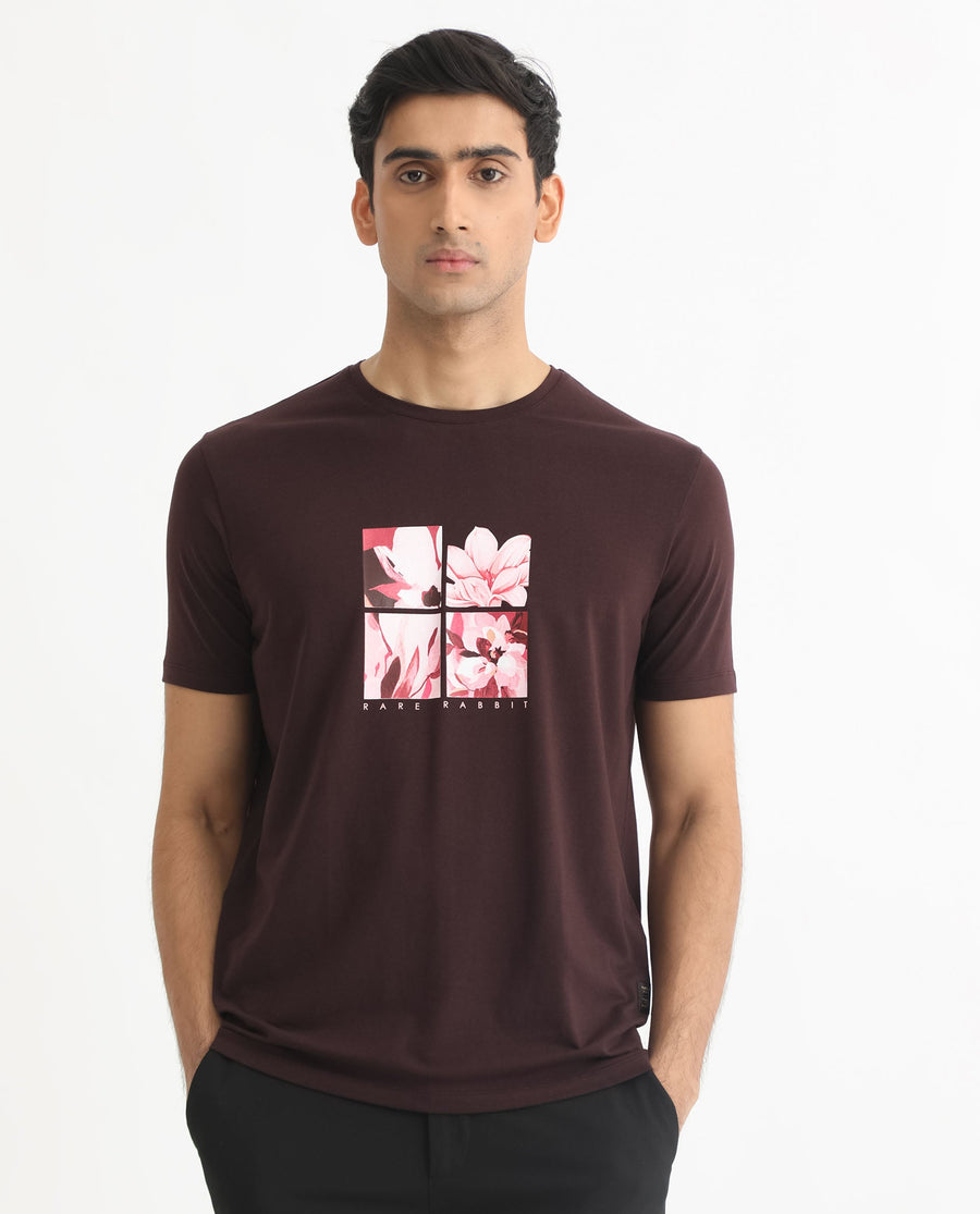 Rare Rabbit Men's Edis Maroon Cotton Graphic Print Slim Fit Half Sleeve Crew Neck T-Shirt