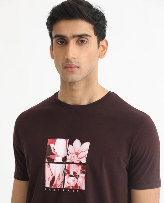 Rare Rabbit Men's Edis Maroon Cotton Graphic Print Slim Fit Half Sleeve Crew Neck T-Shirt