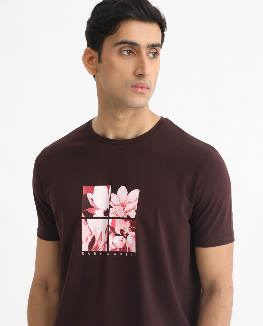 Rare Rabbit Men's Edis Maroon Cotton Graphic Print Slim Fit Half Sleeve Crew Neck T-Shirt