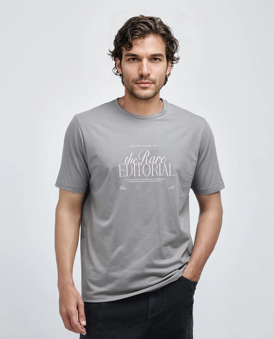 Rare Rabbit Men's Edit Dusky Grey Cotton Blend Graphic Print Regular Fit Half Sleeve Crew Neck T-Shirt