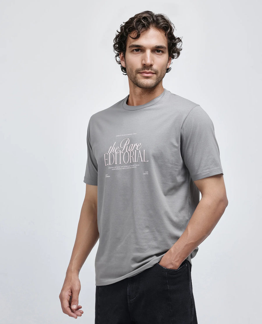 Rare Rabbit Men's Edit Dusky Grey Cotton Blend Graphic Print Regular Fit Half Sleeve Crew Neck T-Shirt